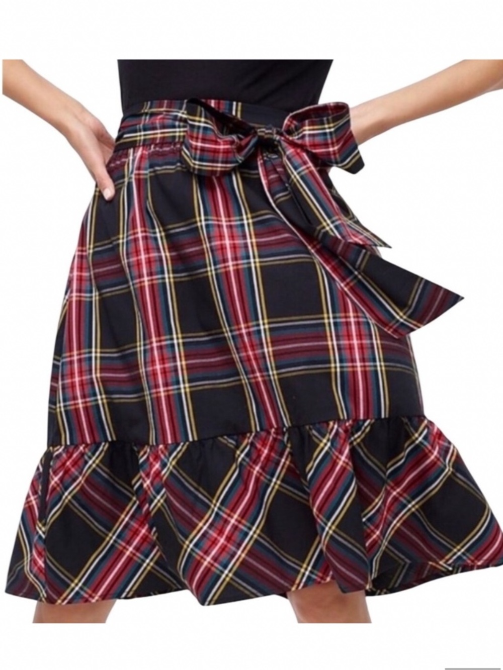 J Crew Red Tartan Plaid Skirt Attached Belt Midi Length Flounce Hem Cotton Sz 4